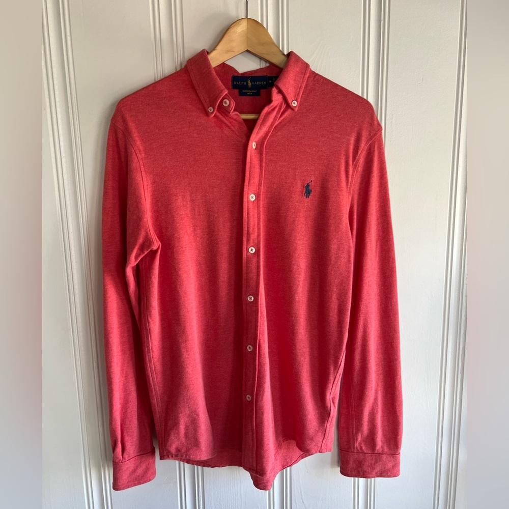 Salmon Pink Men’s Polo Long Sleeve Button Down Shirt
